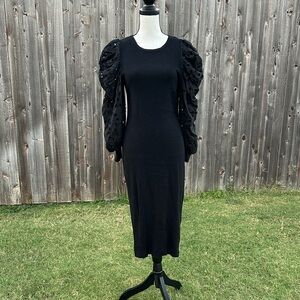 Express Black Eyelet Lace Puff Sleeve Sweater Dress EUC